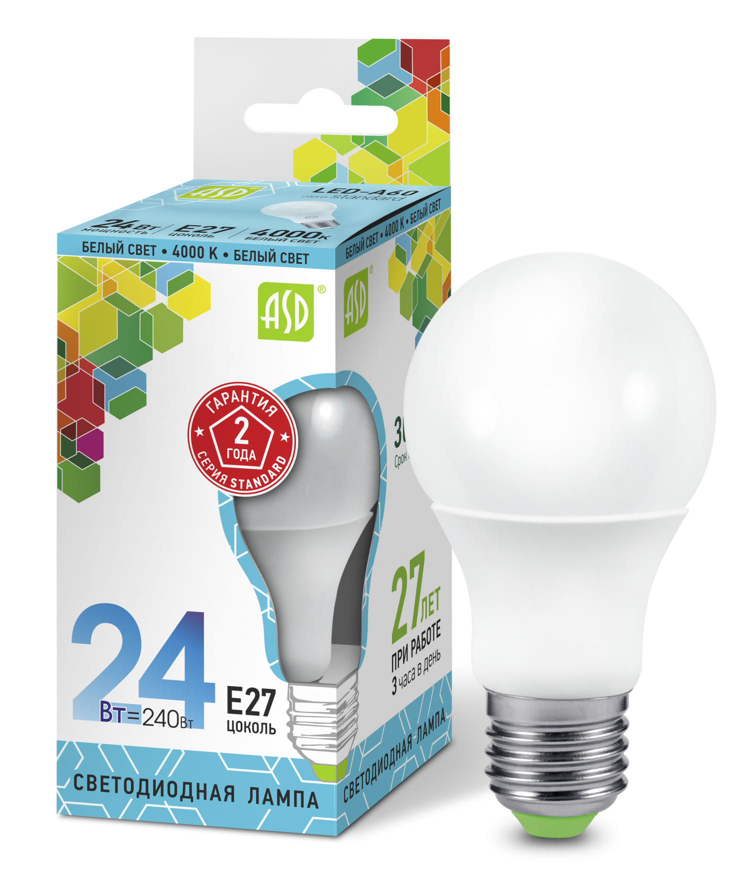 Лампа сд LED-A60-std 24Вт 230В  Е27 4000К 2160Лм ASD