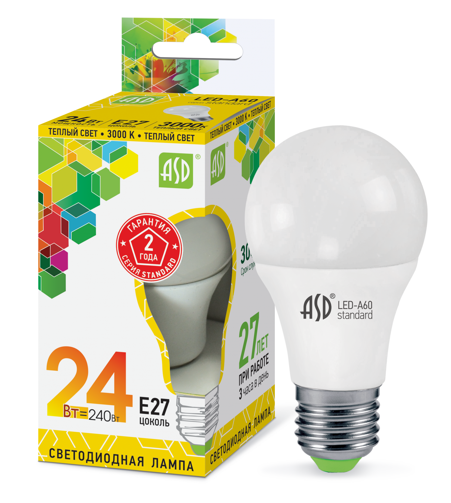 Лампа сд LED-A60-std 24Вт 230В  Е27 3000К 2160Лм ASD