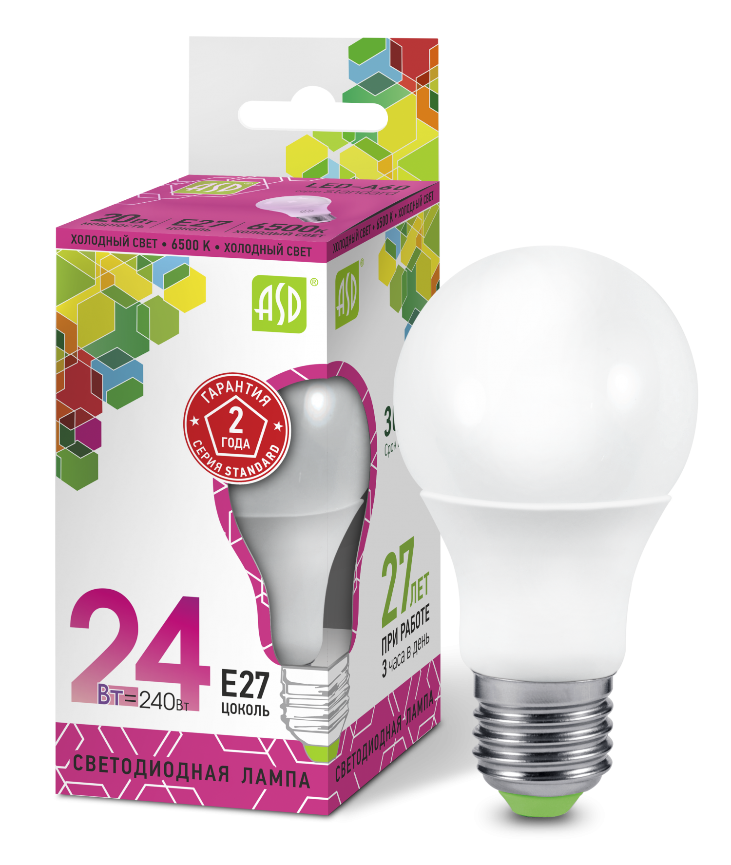 Лампа сд LED-A60-std 24Вт 230В  Е27 6500К 2160Лм ASD