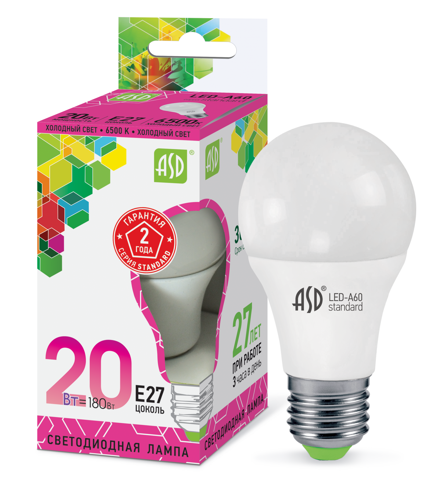 Лампа сд LED-A60-std 20Вт 230В  Е27 6500К 1800Лм ASD